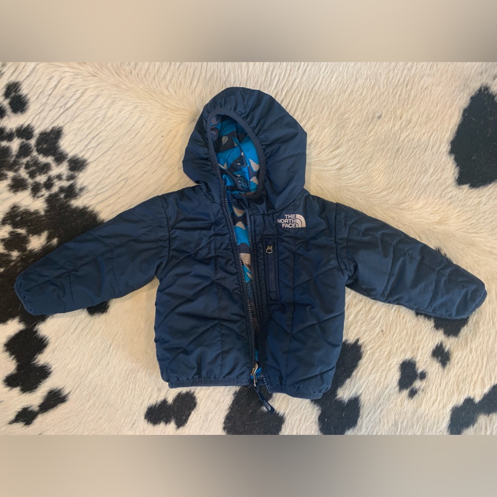 North face winter down jacket, reversible, 6-12 months, for a toddler or baby.